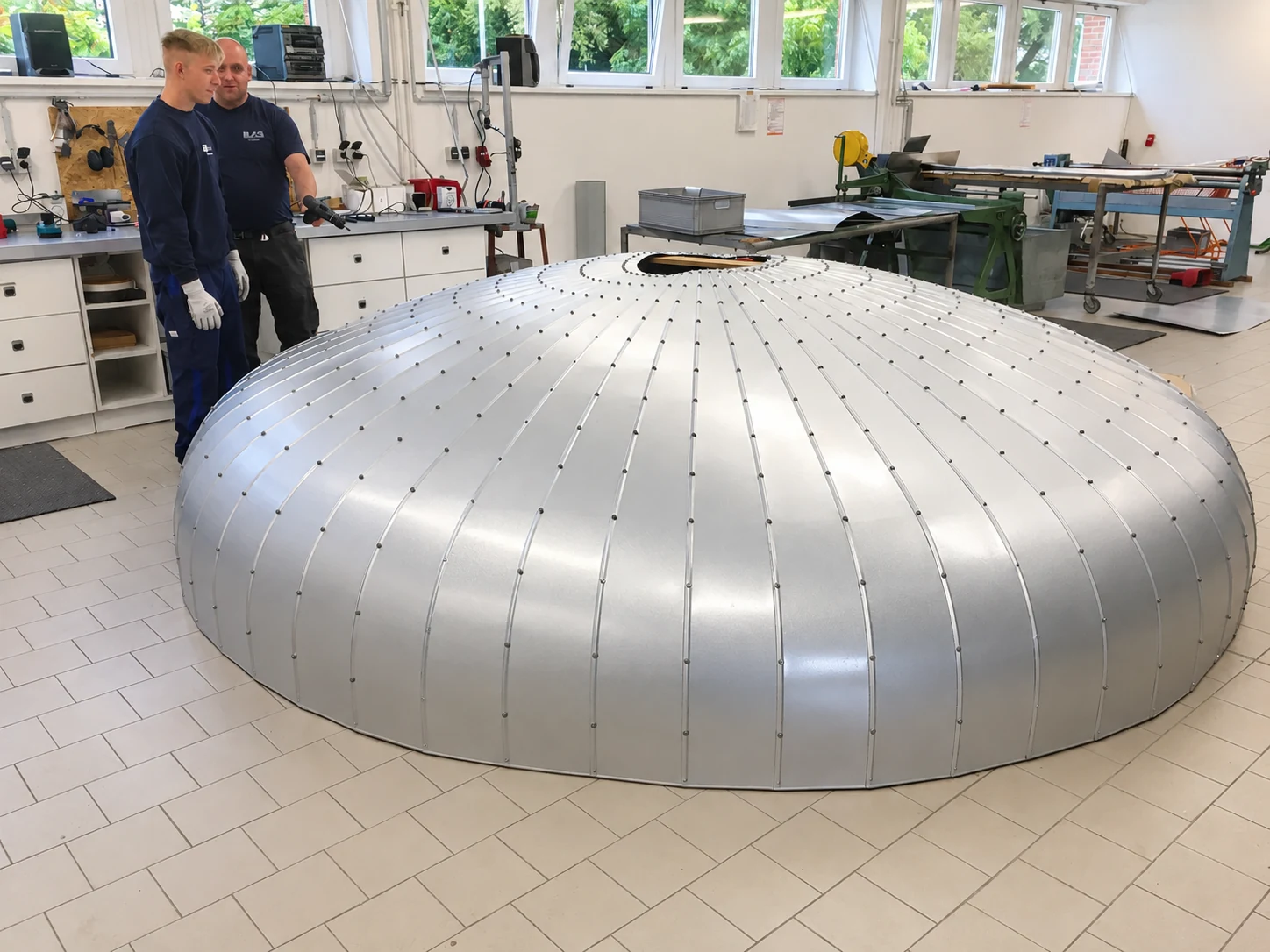 Großer gewölbter Behälterkopf aus miteinander verbundenen Blechsegmenten in der Werkstatt.
